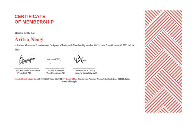 Association of Designers of India (ADI) student membership certificate of Aritra Neogi