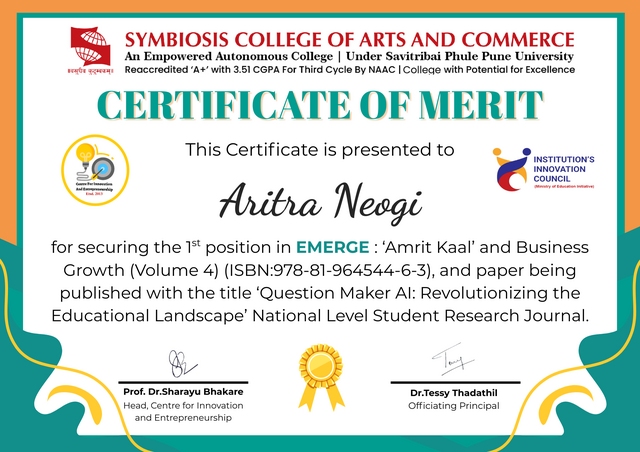 Best Research Paper Award certificate of Aritra Neogi