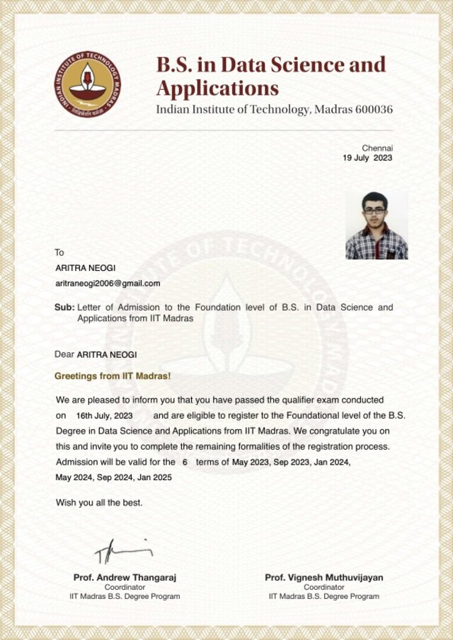 IIT Madras BS Degree Admission Letter of Aritra Neogi