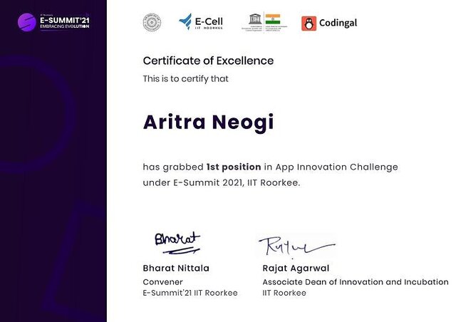IIT Roorkee App Innovation Challenge winner certificate