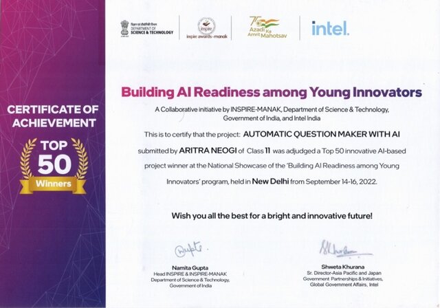 Inspire Awards - MANAK winner certificate