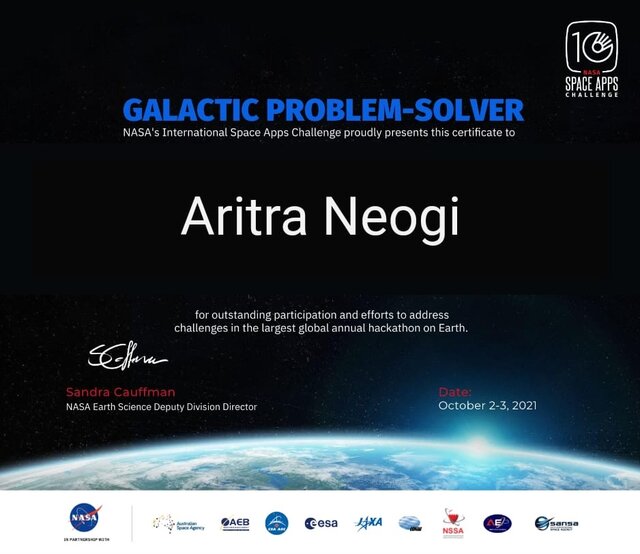 NASA Space Apps 2021 certificate of Aritra Neogi