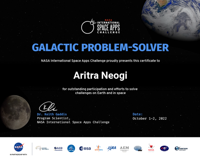 NASA Space Apps 2022 certificate of Aritra Neogi