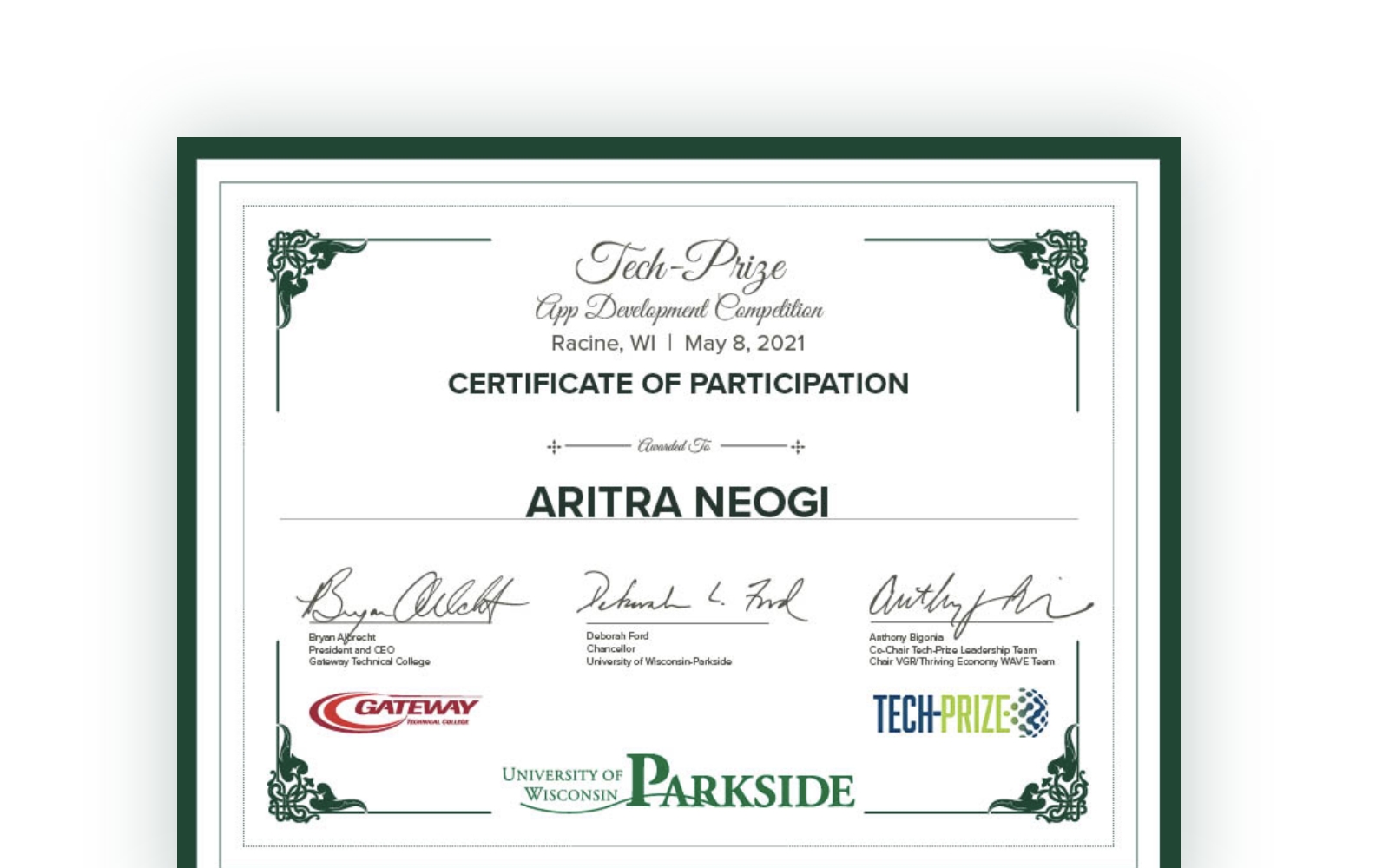 Aritra Neogi has participated in Tech Prize App Competition 2021 as Finalist at Racine, Wisconsin, USA