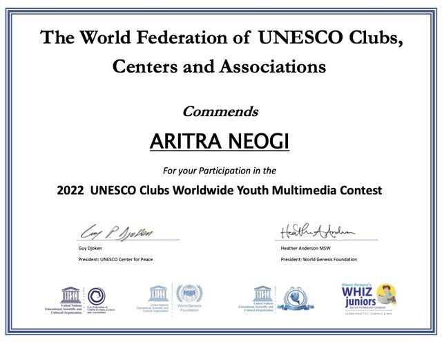 Aritra Neogi's UNESCO Multimedia Contest participation certificate