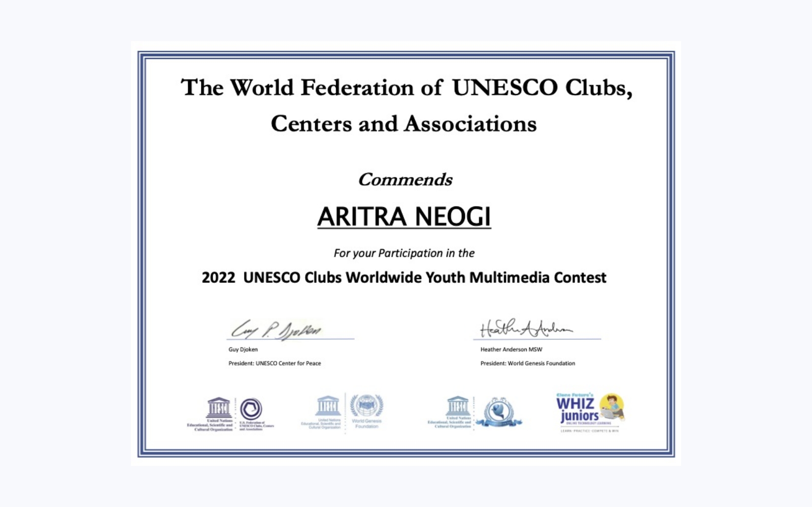 Aritra Neogi participated in UNESCO Worldwide Youth Multimedia Contest