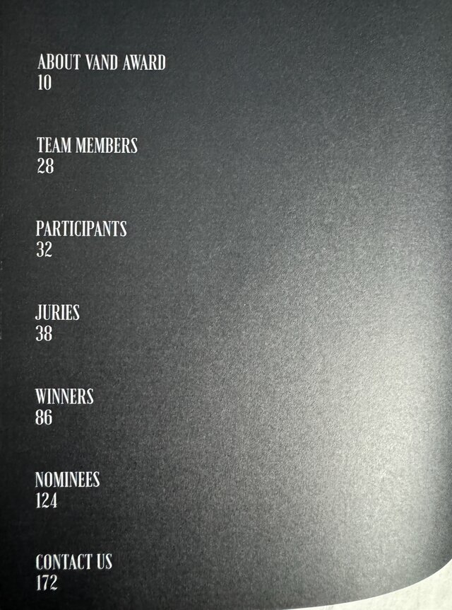 Vand Design Award Book contents